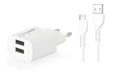 COMPAXE CTA-521D MU 10W 5V 2.1A ÇİFT USB + USB TO MICRO 3A KABLOLU SET BEYAZ - 1