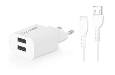 COMPAXE CTA-521DUTB24 10W 5V 2.1A ÇİFT USB + USB TO TYPE C 2.4A KABLOLU SET BEYAZ - 1